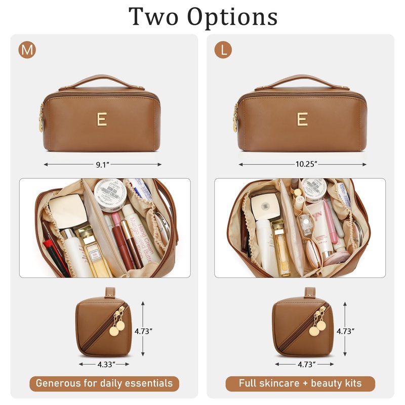 CLOUDWINGS Initial Makeup Bag Gifts for Women Bridesmaid Gifts Travel Toiletry Personalized PU Leather Waterproof Cosmetic Bag (Large-Brown-E)