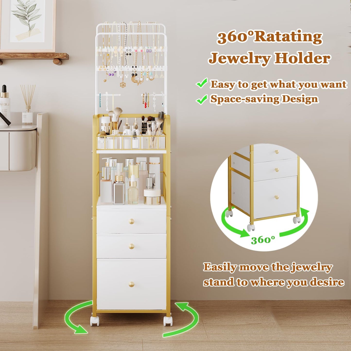 ZQUYAJ Makeup Organizer Cart with 3 Drawers, Jewelry Organizers and Storage for Earring Necklace, Large Vanity Storage Organizer for Skin Care Perfume Make up Brush Nail Polish Hair Tool (Gold)