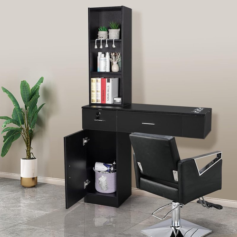 OmySalon Wall Mount Barber Station - Stylish Hair Styling Equipment with Storage Cabinet, 2 Drawers & 3-Tier Shelf (Black)