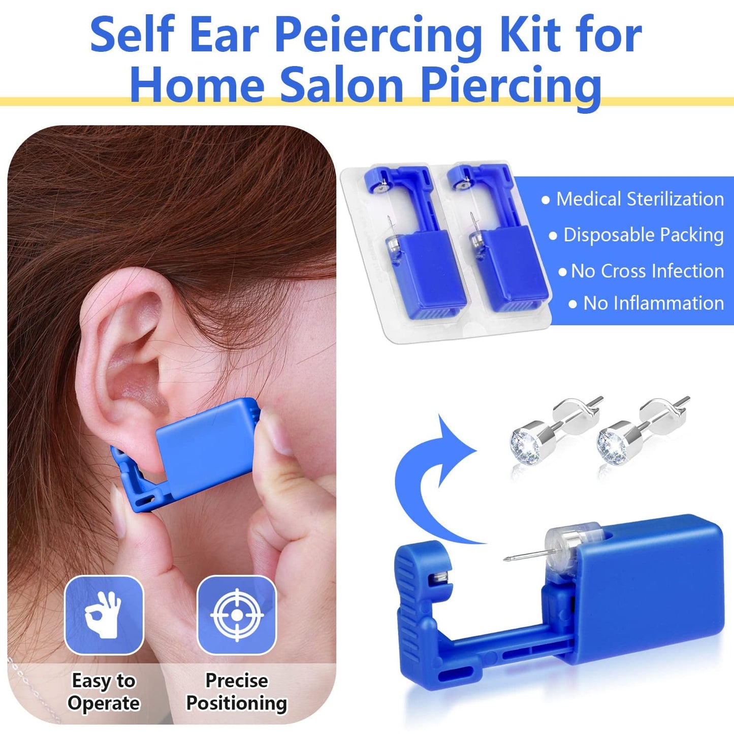 30Pcs Ear Piercing Kit, Self Ear Piercing Gun with Preloaded Piercing Studs, Disposable Earring Gun with Silver Earrings for At Home Salon Earlobe Cartilage Helix Tragus Piercing Tool Kit