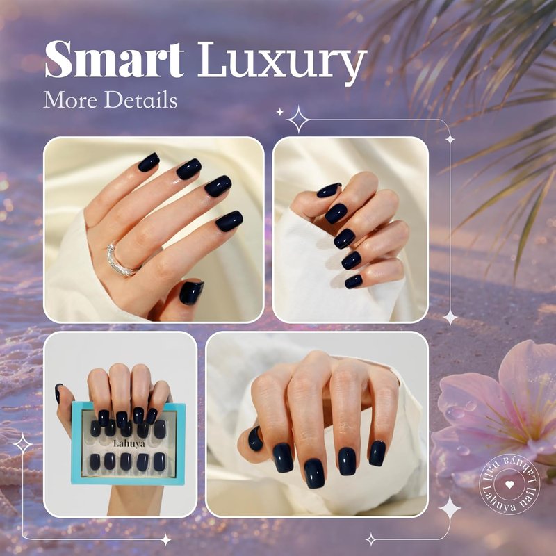 Press On Nails - Navy Blue | Short Squoval Design by Nail Artist, Glossy Finish, 30 Nails Kit