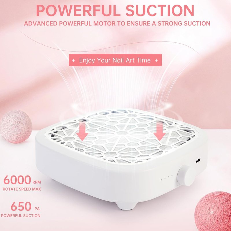 Nail Dust Collector, Cordless Dust Collector Nail Tech, Compact Powerful 6000RPM Nail Vacuum Fan Rechargeable Dust Extractor for Acrylic Gel Polish Manicure Pedicure for Home