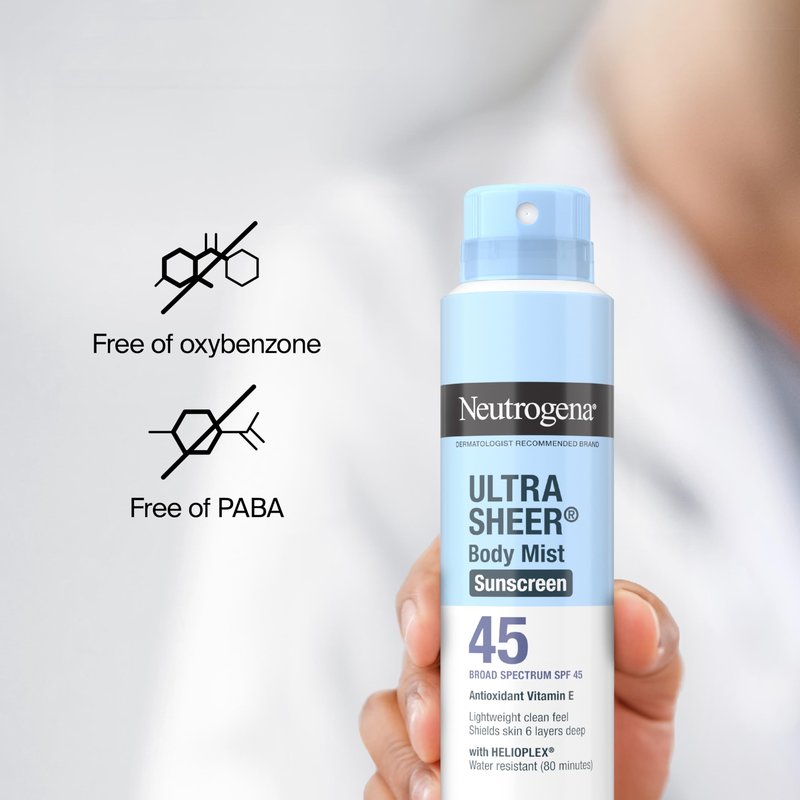 Neutrogena Ultra Sheer Sunscreen Spray SPF 45 Body Mist, Lightweight Non-Greasy Broad Spectrum UVA/UVB Protection, Oil-Free & Non-Comedogenic Water Resistant Spray Sunscreen (80 min), Pack of 3, 5 oz