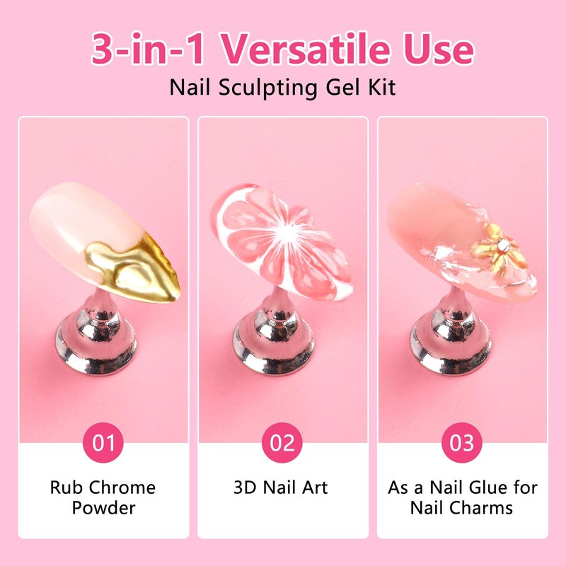 BQAN 3D Nail Sculpting Gel Kit, 2x10g UV Gel No-Wipe Formula with Chrome Powder, Professional Nail Art Gel for Salon DIY Design, Rhinestone Application & Gel Manicure (Clear)