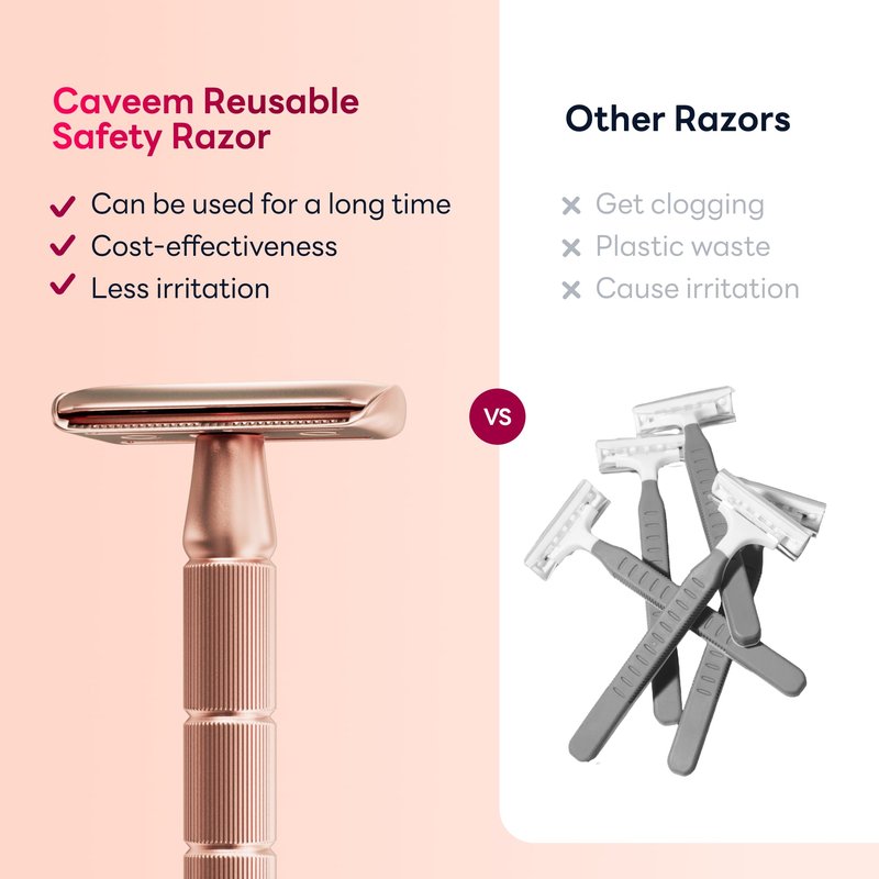 CAVEEM Rose Gold Double-Edge Safety Razor, Single-Blade Razors with 5 Stainless Steel Blades, Reusable Metal Razor for Men and Women