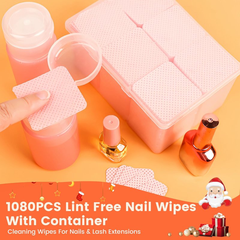 Corconess 1080PCS Lint Free Nail Wipes with 2 Acetone Pump Dispensers, Nail Polish Remover Wipes Lash Glue Cleaning Wipe With 120ML Empty Pump Dispensers for Acetone,Alcohol,Nail Polish Remover,ect