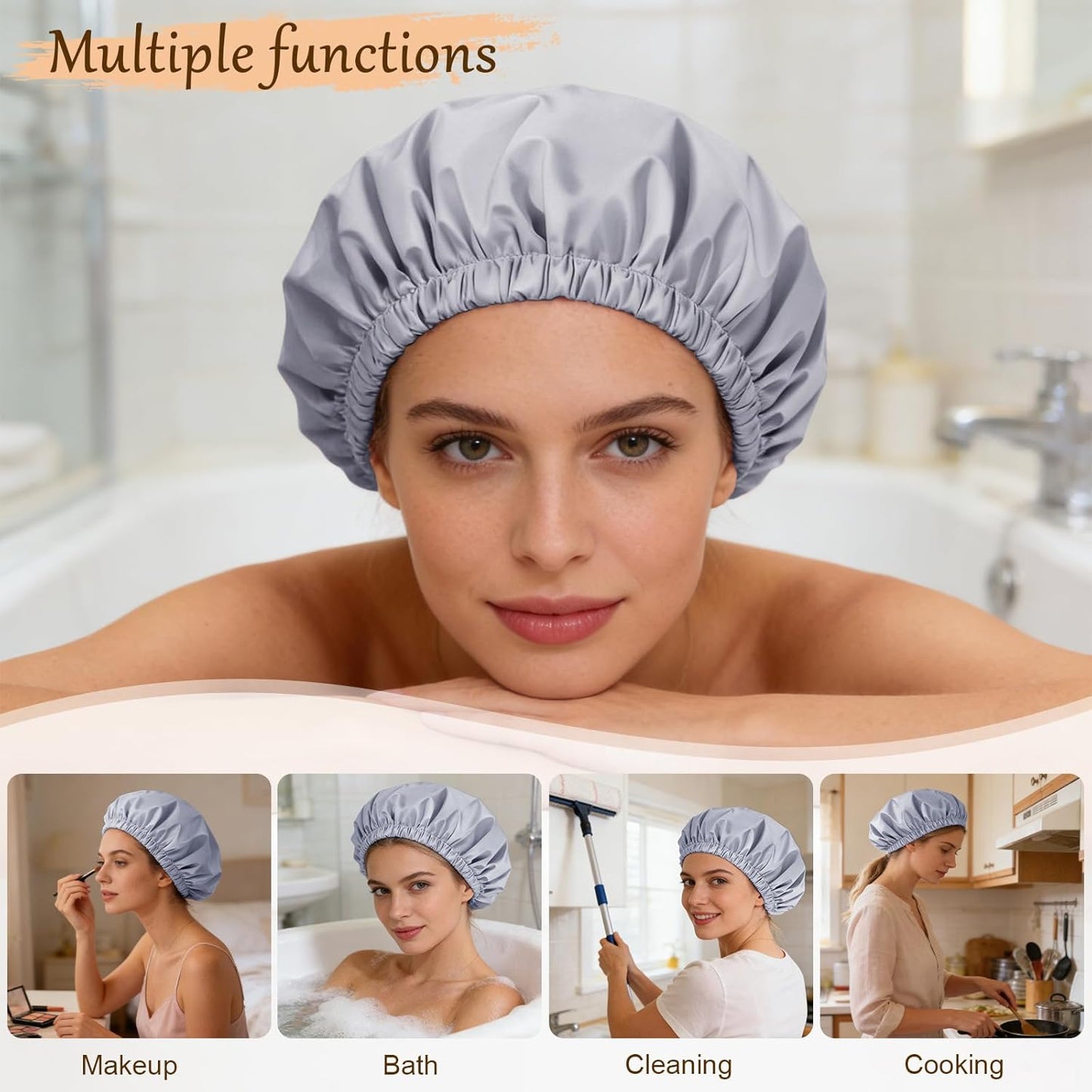 Skiennix Reusable Waterproof Shower Cap - Satin Lined with Soft Elastic Band | Large Grey Bath Cap