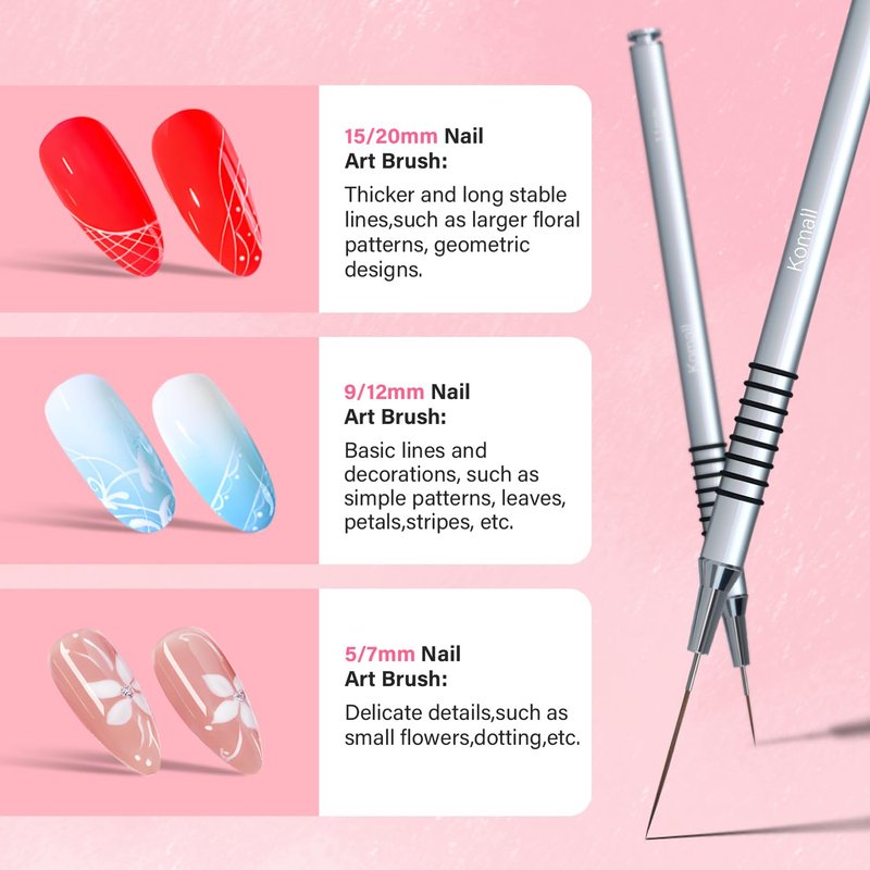 Metallic Nail Art Brushes - 6-Piece Non-Slip Liner Brush Set for UV Gel Polish | Fine Detailing Sizes 5-25mm (Silver)