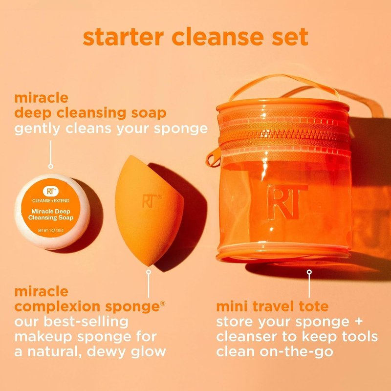 Real Techniques Miracle Blend Set - Makeup Sponge & Solid Soap for Deep Cleaning | Includes Travel Tote, Cruelty-Free