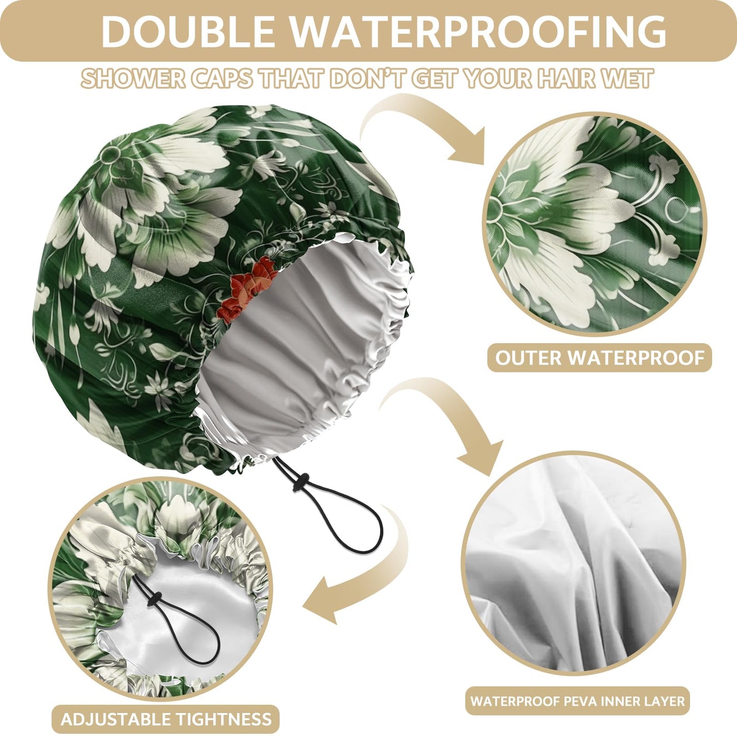 Zewurtuw Shower Cap Adjustable Waterproof Double Layer Elastic Reusable Hair Bath Cap Cute Aesthetic for Women Girls-Green Flower