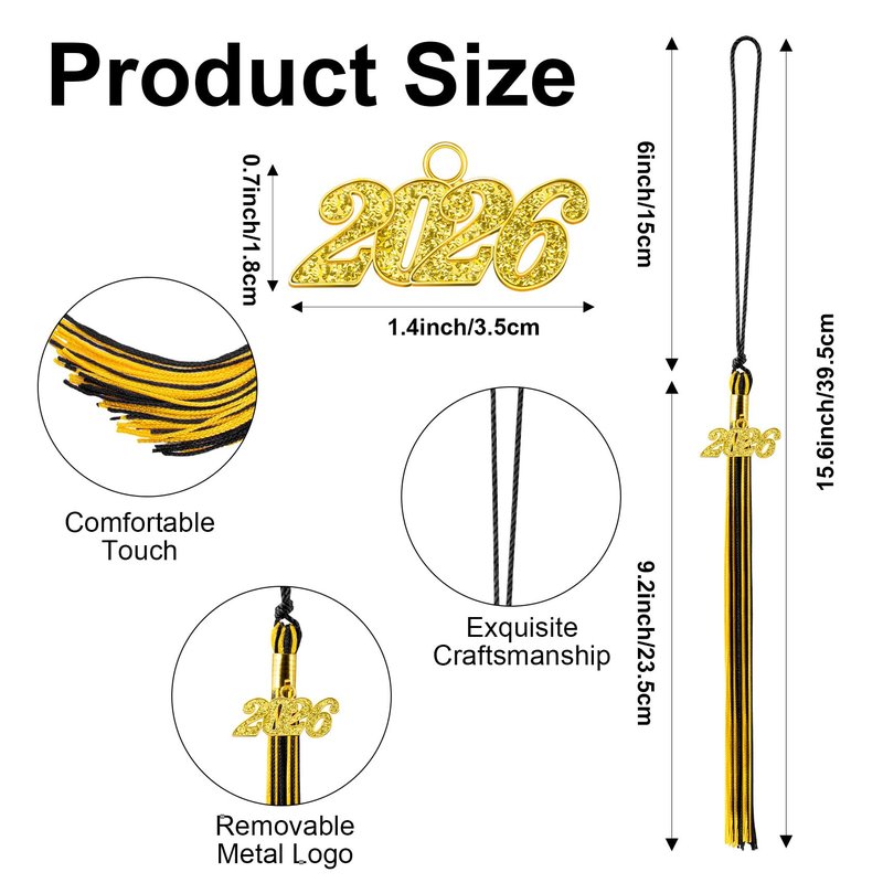 2026 Black Gold Gradution Tassel with Golden Charm for Graduation Cap Hat Gown Headband Decorations Senior Class of 2026 Congrats Grad Party Favors Supplies Ceremonies Memorial Graduations Decor