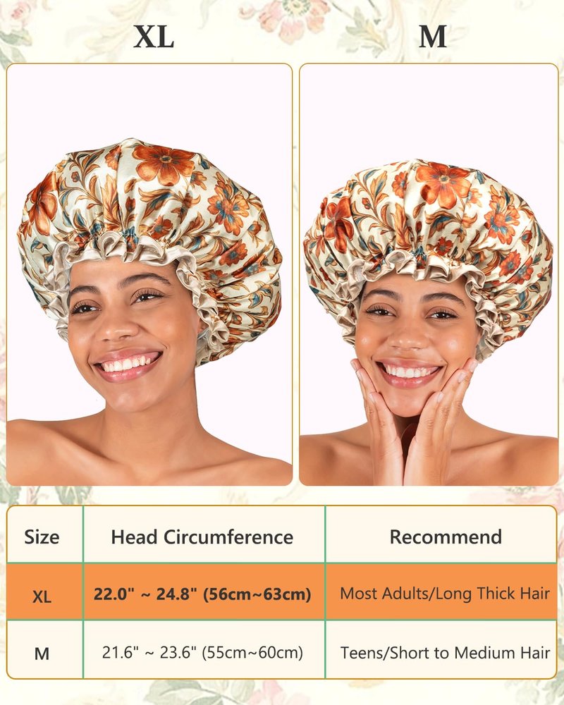 mikimini Large Shower Cap for Women Reusable Waterproof, Extra Large Hair Cap with Adjustable Elastic Band and Vibrant Floral Print, XL Bath Cap for Long Hair & Short Hair, 2 Pcs