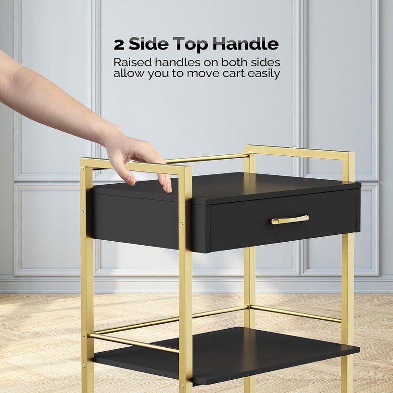 Salon Trolley Cart - Wooden Rolling Storage Station for Beauty & Spa | Mobile Utility Cabinet with 1 Drawer & 2 Trays - Black Gold