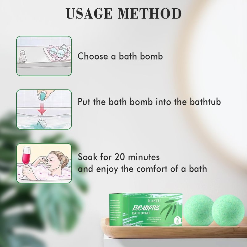 KASTU Bath Bombs Salt Balls,Eucalyptus Extract Essential Oils,Moisturizing Dry Skin,Fizzy Spa,Relaxation,Bubble Bath Bomb Gifts Idea for Men Women,2 x 100g