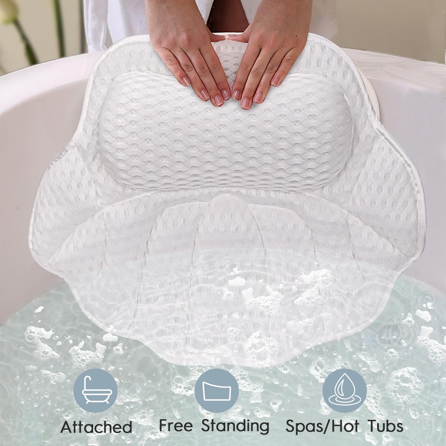 Bath Pillow for Tub, Bathtub Pillow for Head, Neck and Back Support, 4D Air Mesh Spa Bath Pillow with 6 Suction Cups, Machine Washable with Laundry Bag