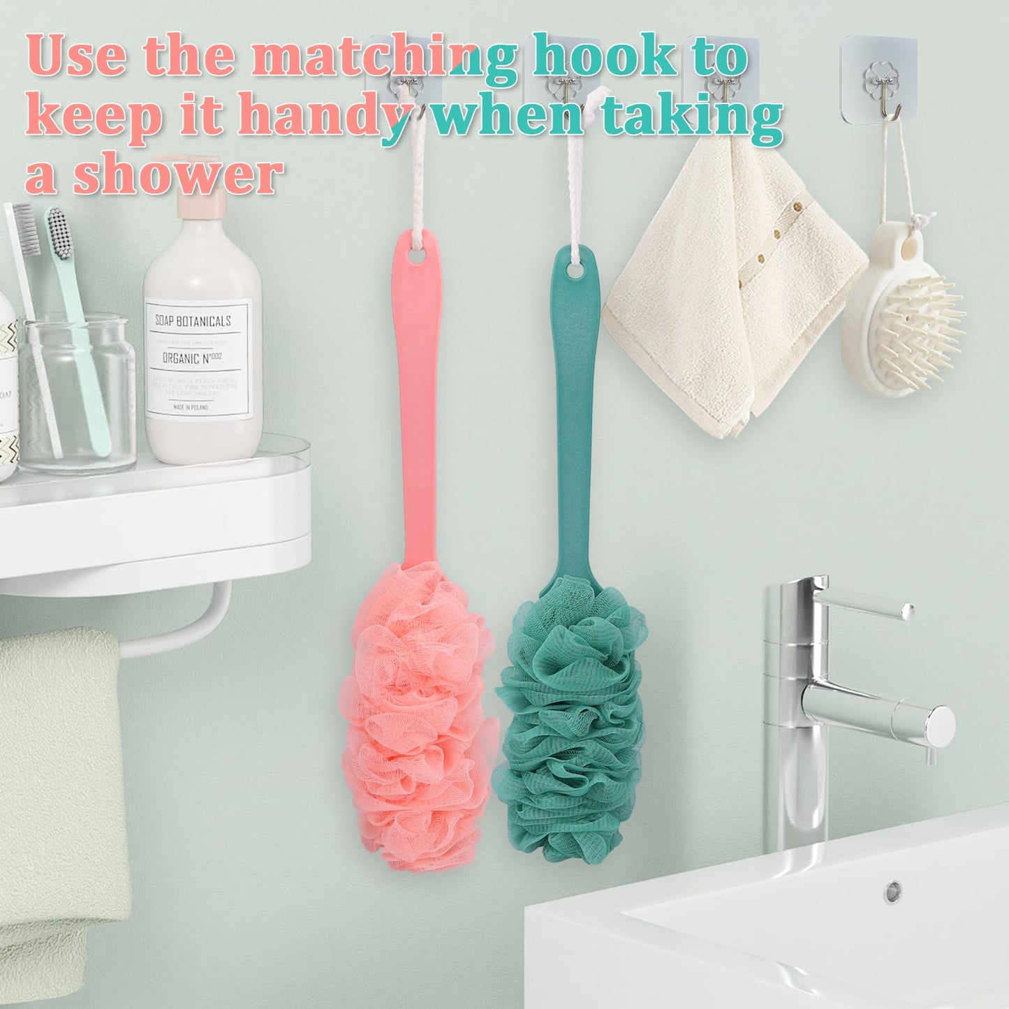 4Pack Back Scrubber for Shower Loofah with Long Handle, Shower Brush for Body, 17″ Loofah on a Stick for Men Women Bathing Accessories, Scrubber Sponge for Exfoliating Bath Brushes (Pink & Green)