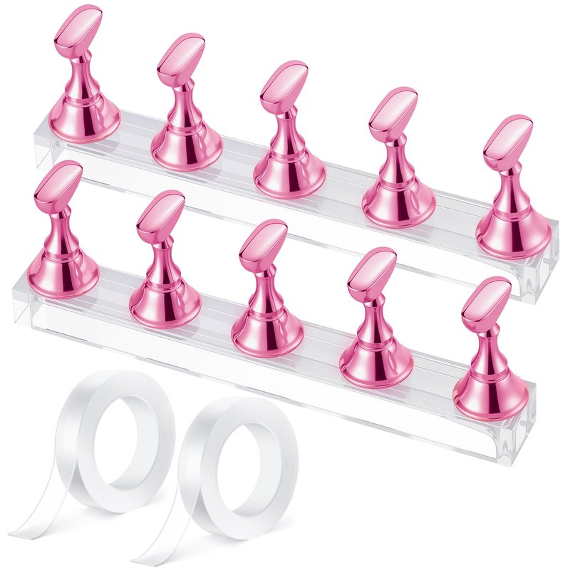 Difenni Nail Stand for Press On Nail Holder for Painting Nails Magnetic Nail Tips Practice Holder with 2 Pcs Double-sided Tape for DIY Painting (Pink B)