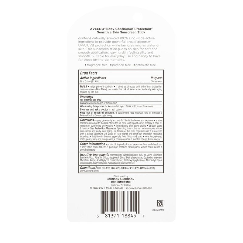 Aveeno Baby Mineral Sunscreen Stick - SPF 50 Protection for Sensitive Skin | Travel Size 0.47 oz