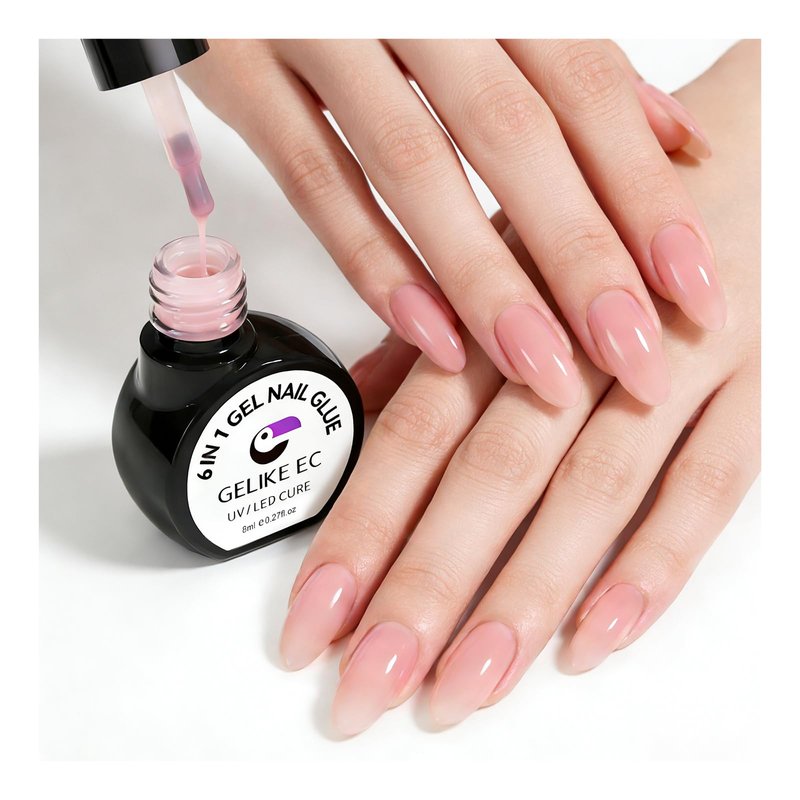 Gelike EC Nail Glue Gel 6 in 1 for Press-On Nails and Nail Tips Long Lasting Extension Strong Hold Brush-On UV Adhesive for Acrylic Tips Quick Dry Low-Odor No Pop-Off DIY at Home & Salon Art Use