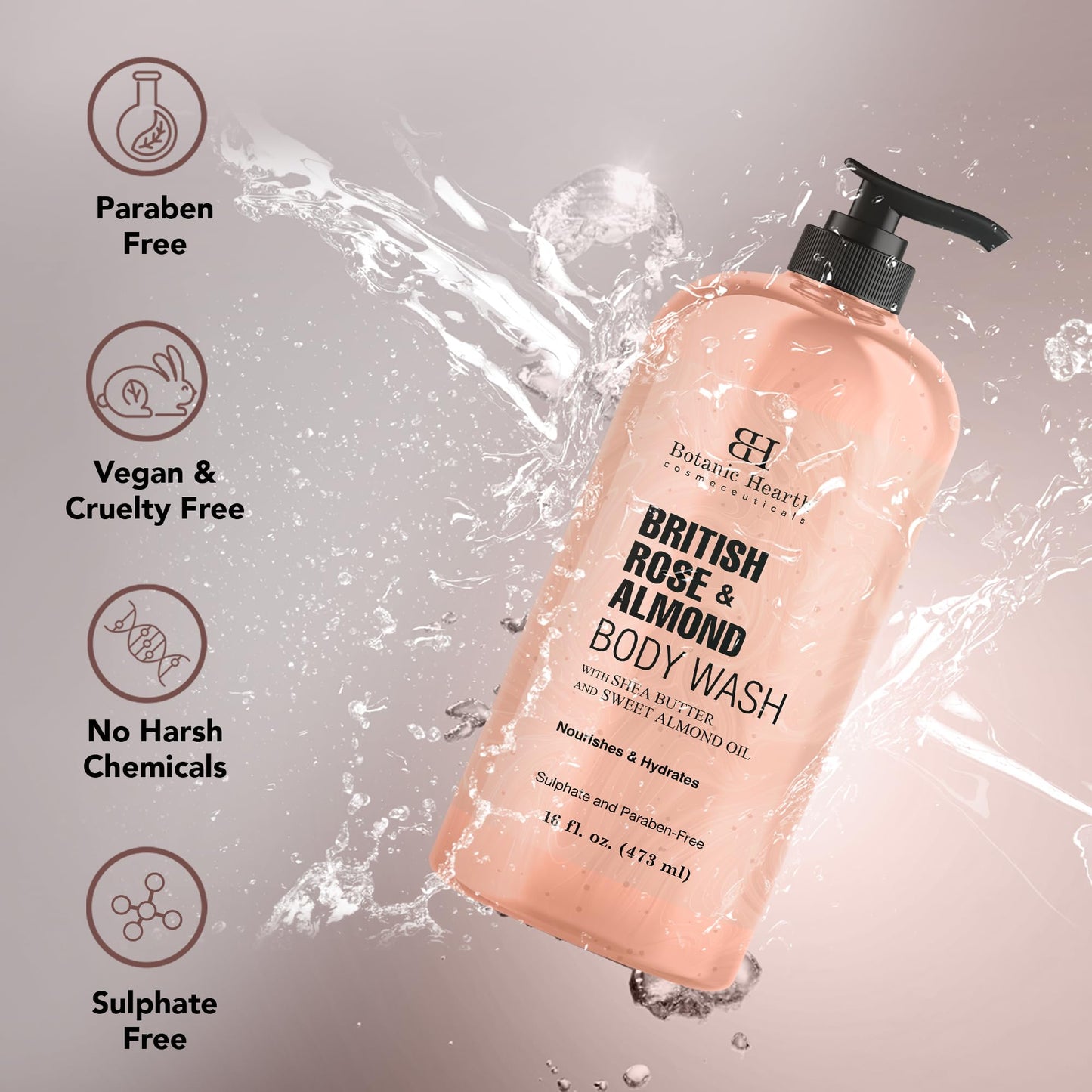 Botanic Hearth British Rose & Almond Body Wash – Moisturizing Shower Gel with Shea Butter, Gentle Hydrating Cleanser, Sulfate & Paraben Free – 16 fl oz