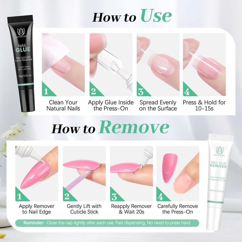 Nail Glue & Nail Glue Remover for Press On Nails, 10g Semi Sold Glues No Curing Needed, 10ml Gentle Quick Remove Not for Gel Polish Base Coat, Upgraded Long Lasting 28+ Days Fake Acrylic Tips