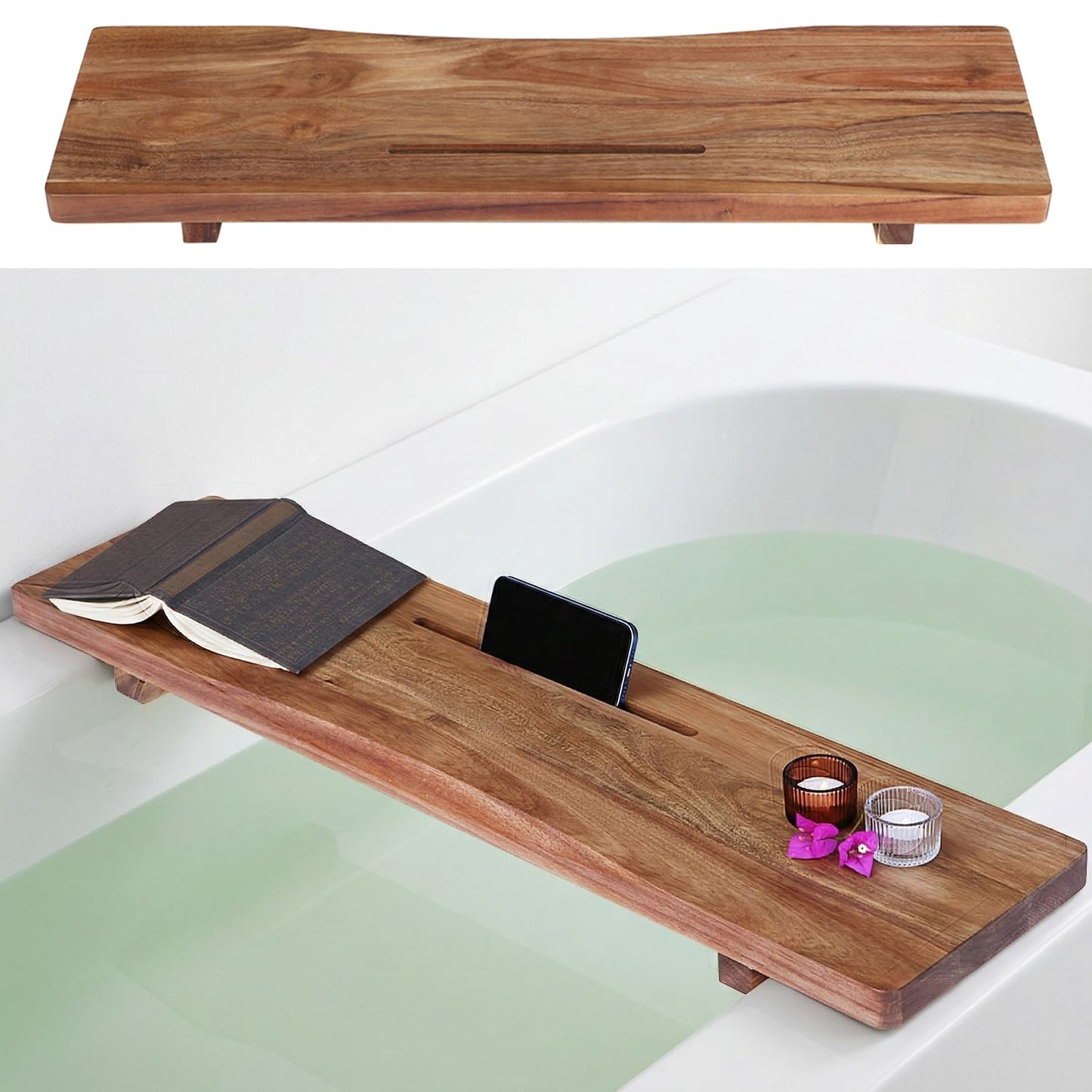 Stylish Black Bamboo Bathtub Tray Caddy with Adjustable Legs, Minimalistic Design Bath Tray for Tub, Bathtub Accessories, Fits Most Bath Tubs, Idea for Women