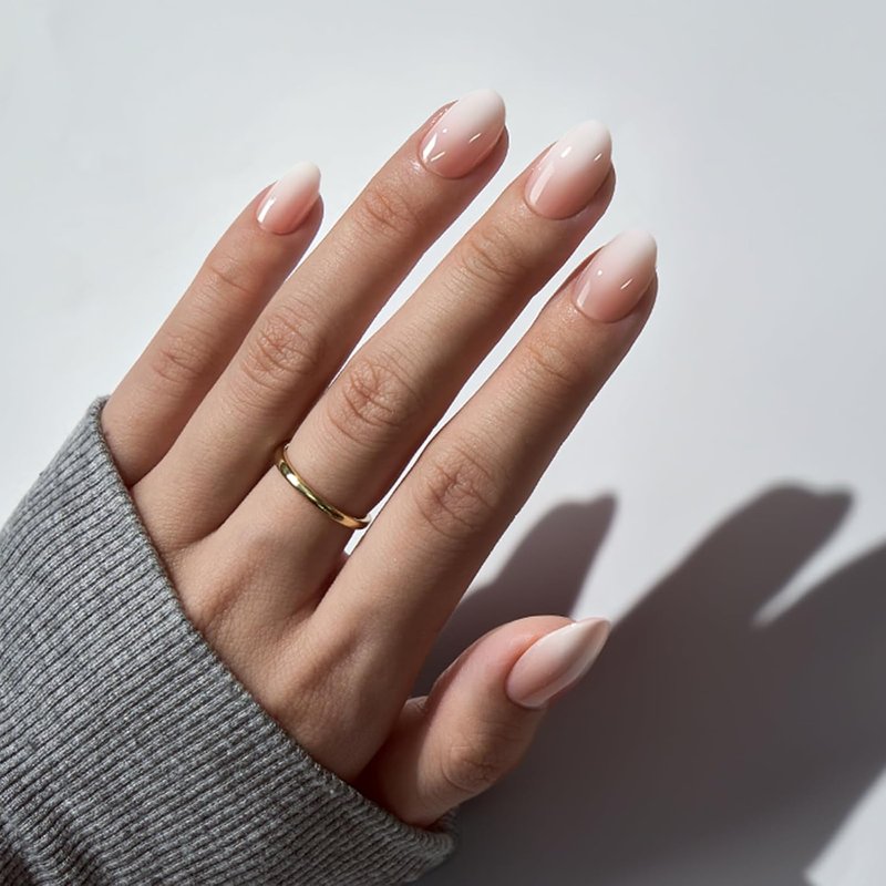 BTArtbox Press On Nails - Extra Short Almond Shape, Nude White Ombre Soft Gel | 32 Reusable Nails in 16 Sizes