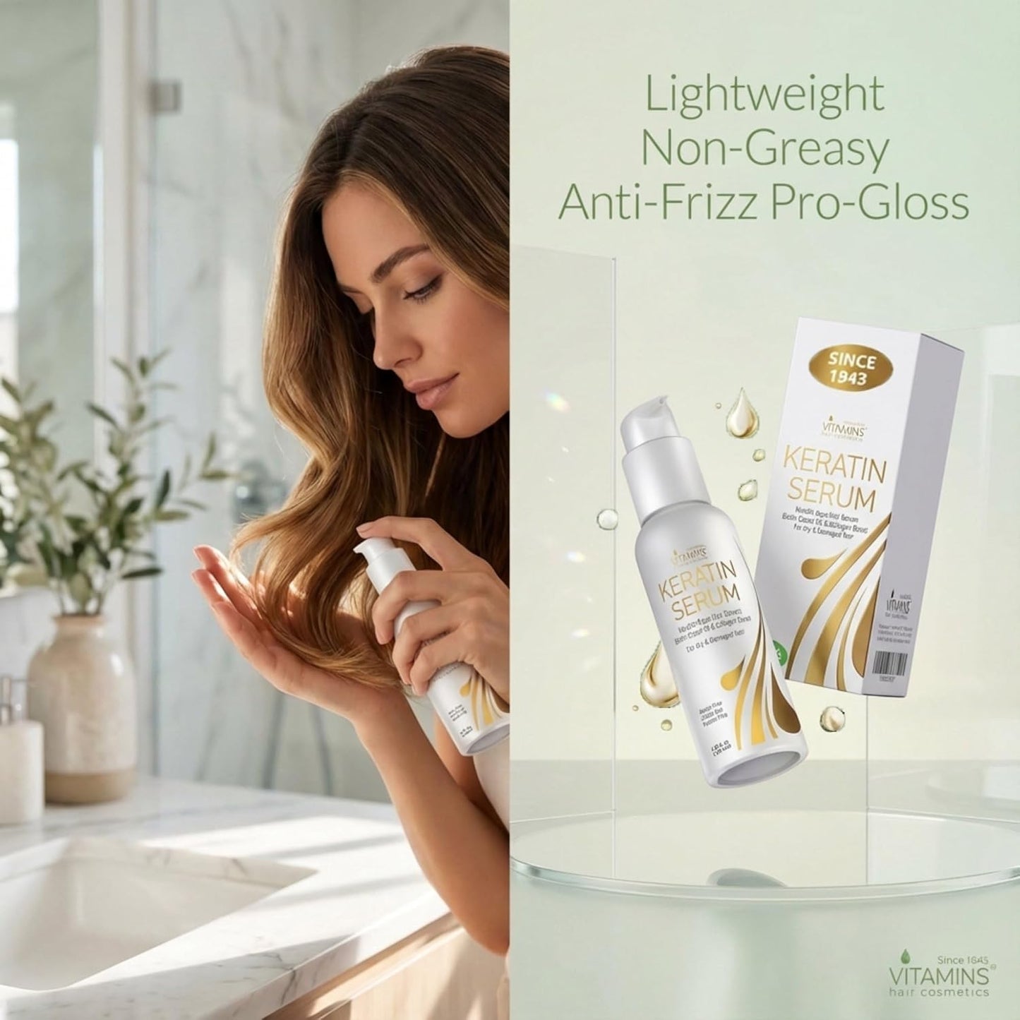 VITAMINS Keratin Hair Serum - Anti-Frizz Heat Protectant & Shine Treatment for Dry Hair | 4.25 fl oz (125mL)