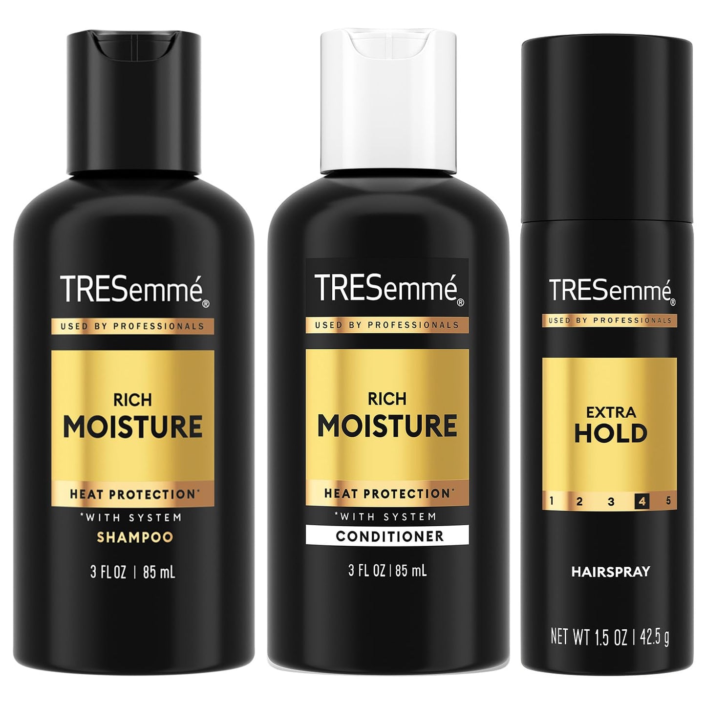 TRESemmé Travel Essentials for Hair Care – Rich Moisture Shampoo, Conditioner & Extra Hold Hairspray for Heat Protection & 24H Frizz Control