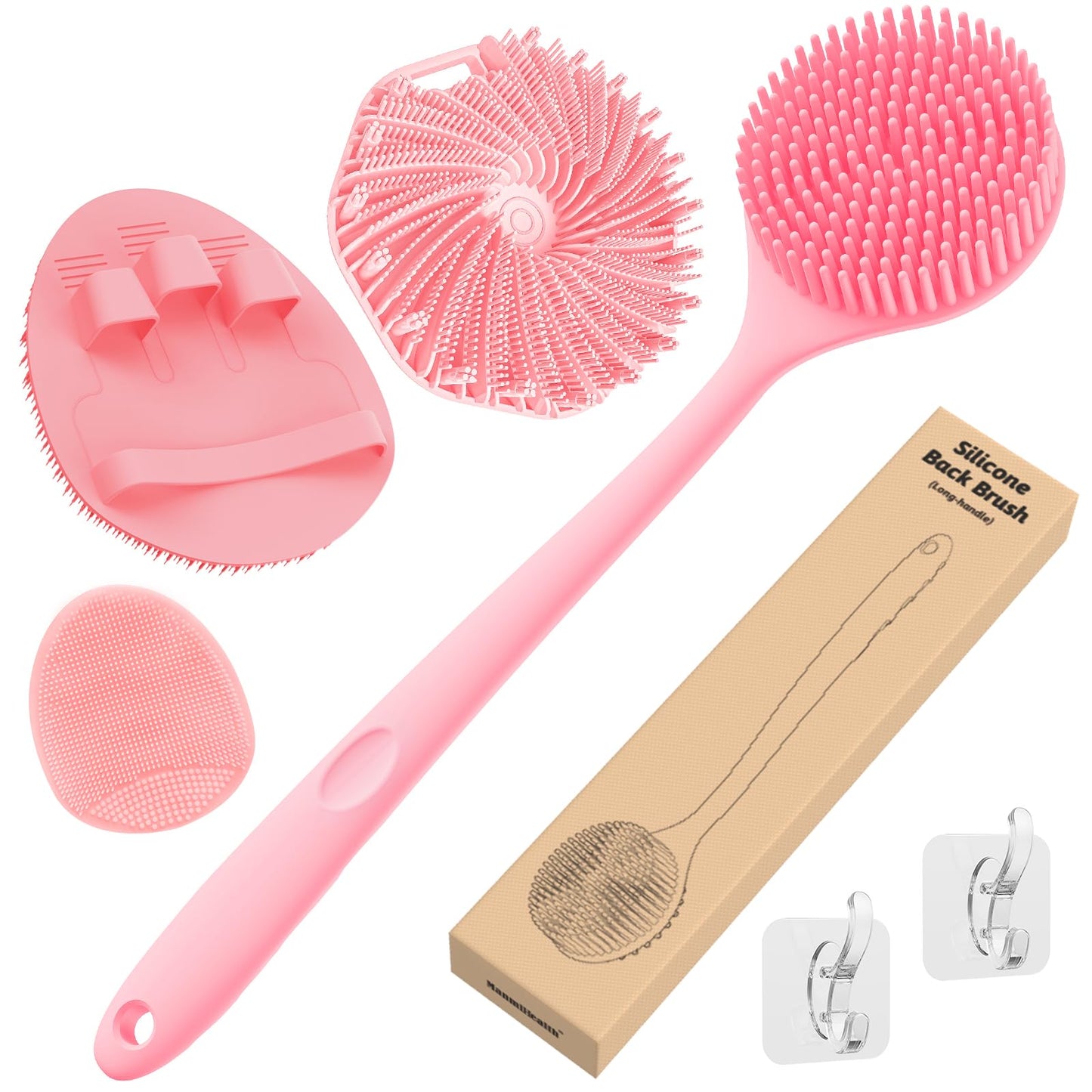 Manmihealth Silicone Back Scrubber & Soft Bath Glove Set 4 PCS(Thick Bristles), Super-Exfoliating Body Scrubber & Super-Lathering Shower Brush Combination, with 2 Adhesive Hooks (Pink)