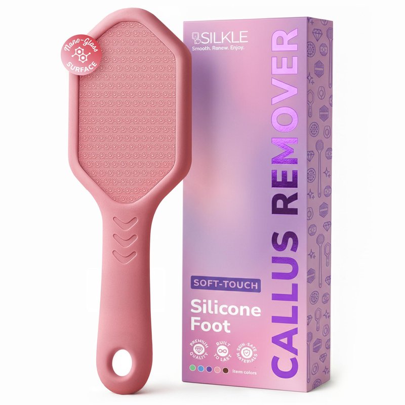 SILKLE Nano Glass Foot File - Silicone Foot Callus Remover for Feet and Cracked Heels - Heel Scraper for Dead Skin - Ergonomic Foot Scrubber & Exfoliator for Shower with Non-Slip Grip - Pink