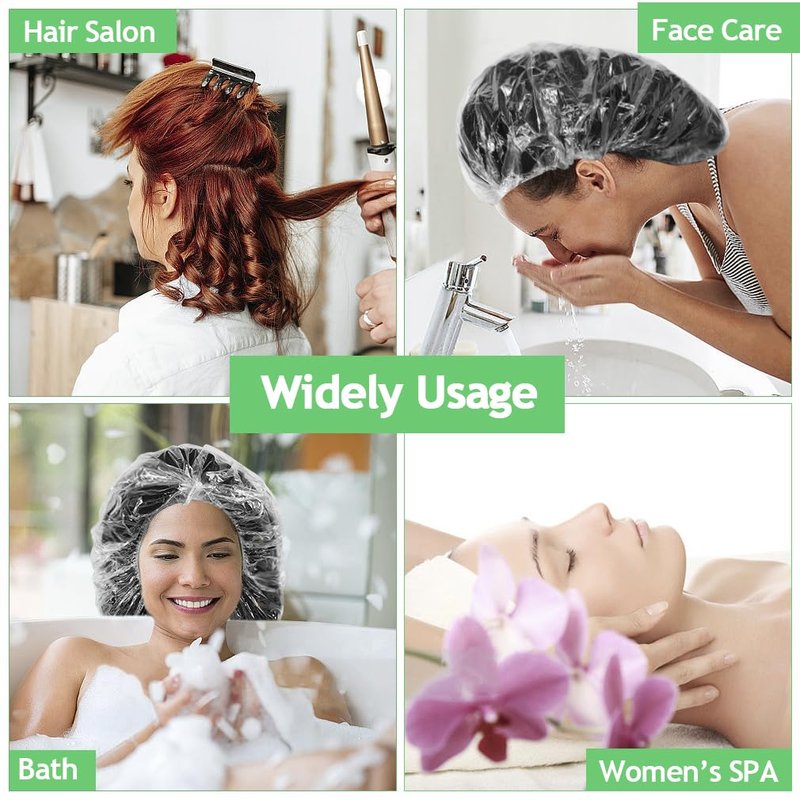 Jeffbaubl 100 PCS Disposable Shower Caps, Large Thick Plastic Hair Cap, Waterproof Shower Cap for Women, Clear Elastic Bath Caps for Home Hair Salon Hair Treatment Travel Spa Hotel