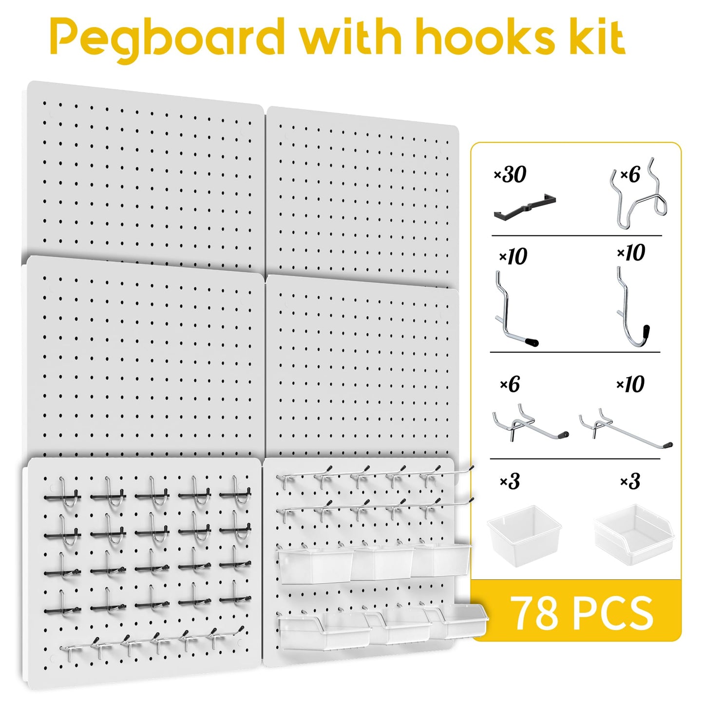 PHX Grove Peg Board for Tools, 6 Pack Metal Pegboard Wall Organizer with Hooks,12"×16" White Pegboard Panels for Walls Home, Garage Tool Storage, Kitchen, Office Organization, Craft Room