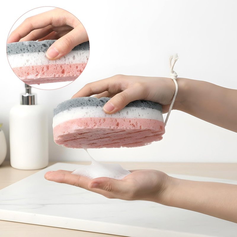 2 Pack Bath Sponges for Shower, Dual-Texture Exfoliating Loofah Sponge, Gray and Green Body Sponge for Women Men, Shower Sponges for Gentle and Deep Cleansing Foam