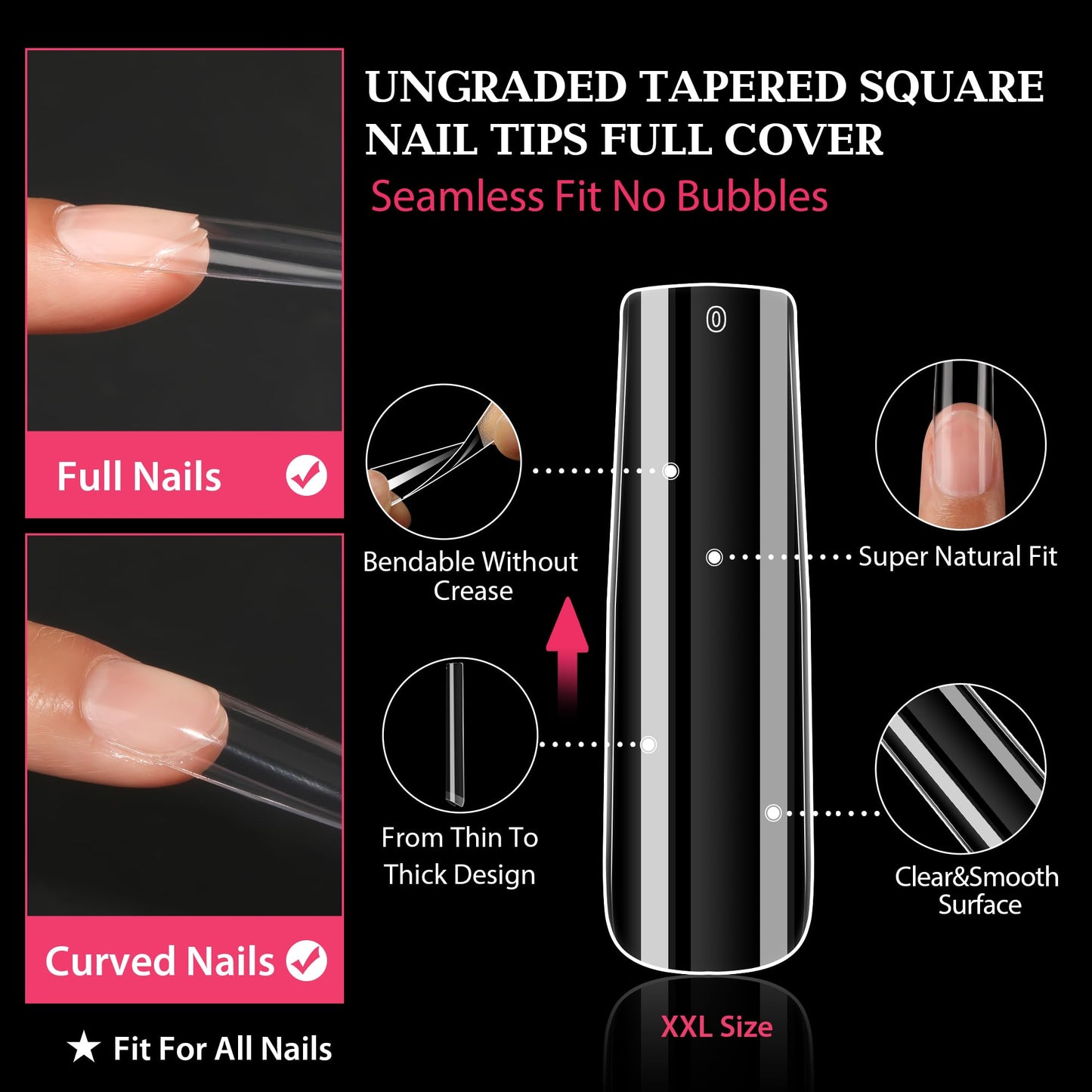 UNA GELLA XXL Long Square Nails Tips 216 PCS No C Curve Straight Nail Tips Full Cover Square Gel Tips Extra Long Nail Tips Clear False Fake Nails Gel Nail Extension for Nail Salon Home DIY 12 Sizes
