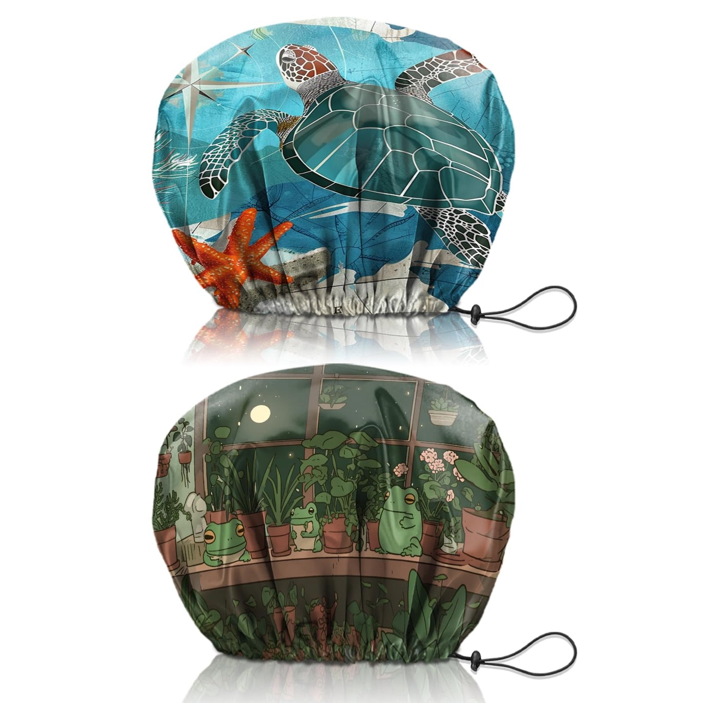 Cabreche 2 PCS Shower Cap Reusable Waterproof Double Layers Hair Caps Shower Bath Adjustable Elastic Hat for Women Girls Cute Aesthetic-Sea Turtle Frog