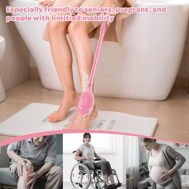 GEENOA Foot Brush & Back Scrubber Set, 27.5'' Adjustable Foot Scrubber for Shower, 18.9'' Shower Back Scrubber with 3-Length Usage, Great Aid for People with Limited Mobility(Pink Set)