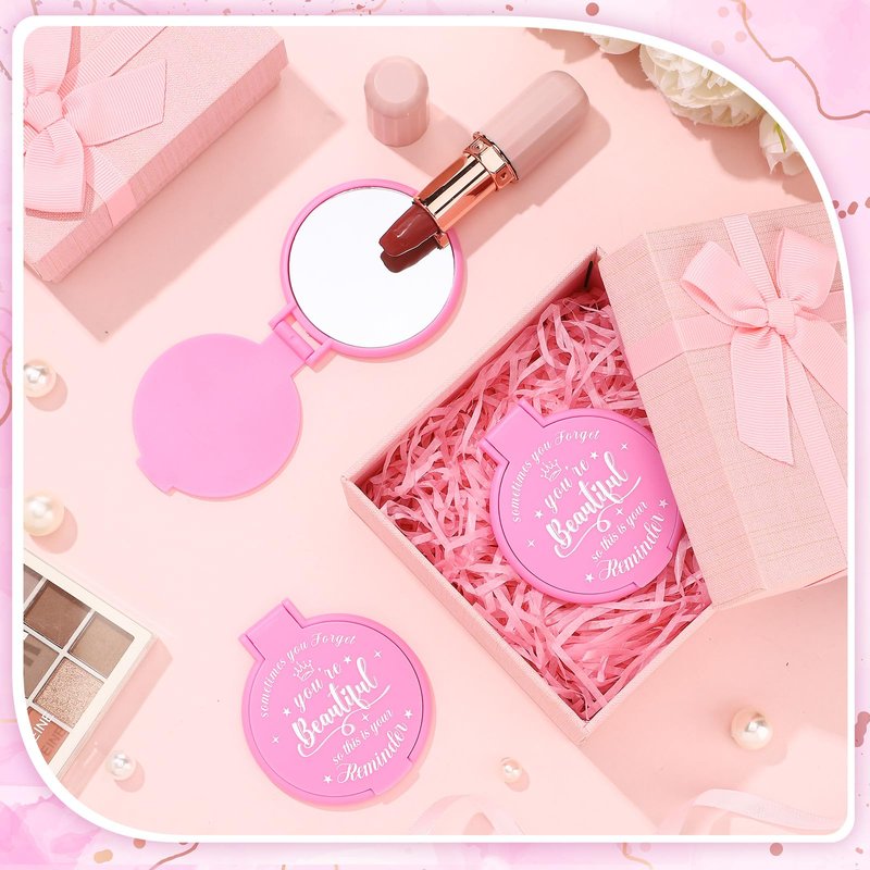 Gulfmew 36 Pcs 2.76 Inch Inspirational Compact Mirror Bulk Women Small Gifts Graduation Mothers Day Party Favors Purse Mirror Pocket Mini Items for Adult Coworker Cheerleader Swag Bag (Pink)