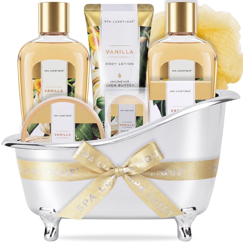 Gift Baskets for Women, Spa Luxetique 8 Pcs Vanilla Mothers Day Gifts for Mom, Birthday Bath and Body Set, Self Care Kit for Her, Including Bubble Bath, Shower Gel, Body Lotion