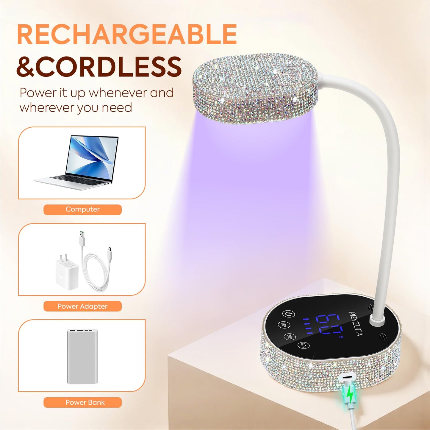 UV LED Nail Lamp 36W – Mini Cordless Flash Cure Gooseneck UV Light for Gel X Nails, Portable USB Rechargeable Nail Dryer with Auto Sensor, 4 Timers & LCD Display for DIY Home Manicure (Diamond)