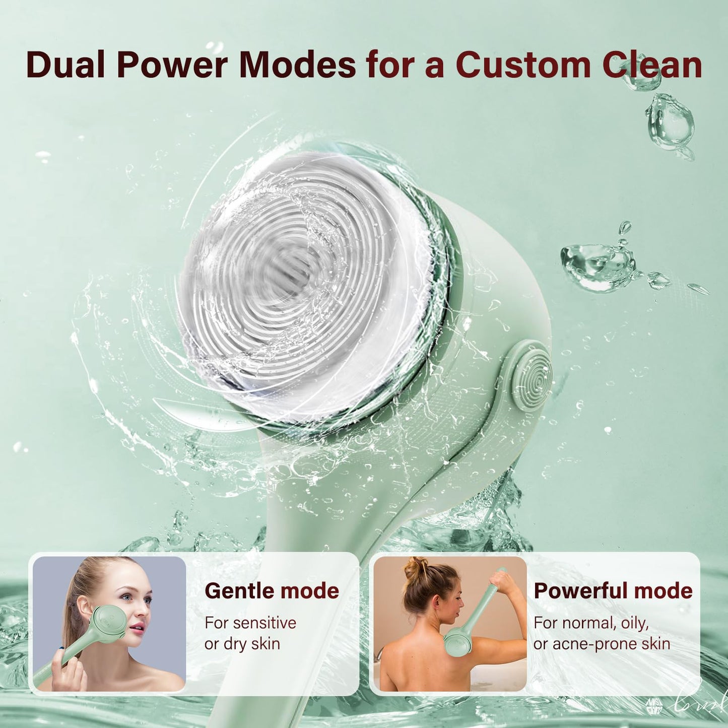 Xquyk Electric Body Brush Back Scrubber for Shower, 8 Replaceable Heads and Hook, Long Handle, 2-Speed, Type-C Rechargeable, Waterproof, for Cleansing, Exfoliating and Massaging Skin（Green）