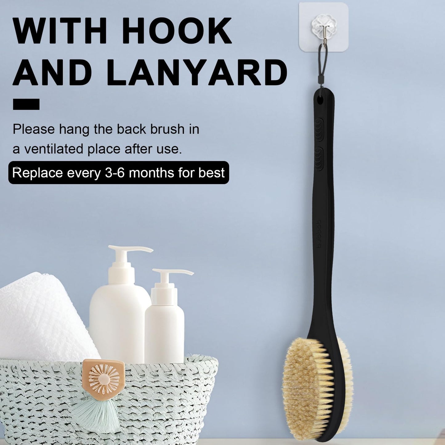 Back Scrubber for Shower with Long Handle, Exfoliating Bath Brush for Body - Double Sided Bristles (Stiff & Soft), Anti-Slip Grip, Lightweight - Gift for Seniors, Includes Lanyard & Hook,Black