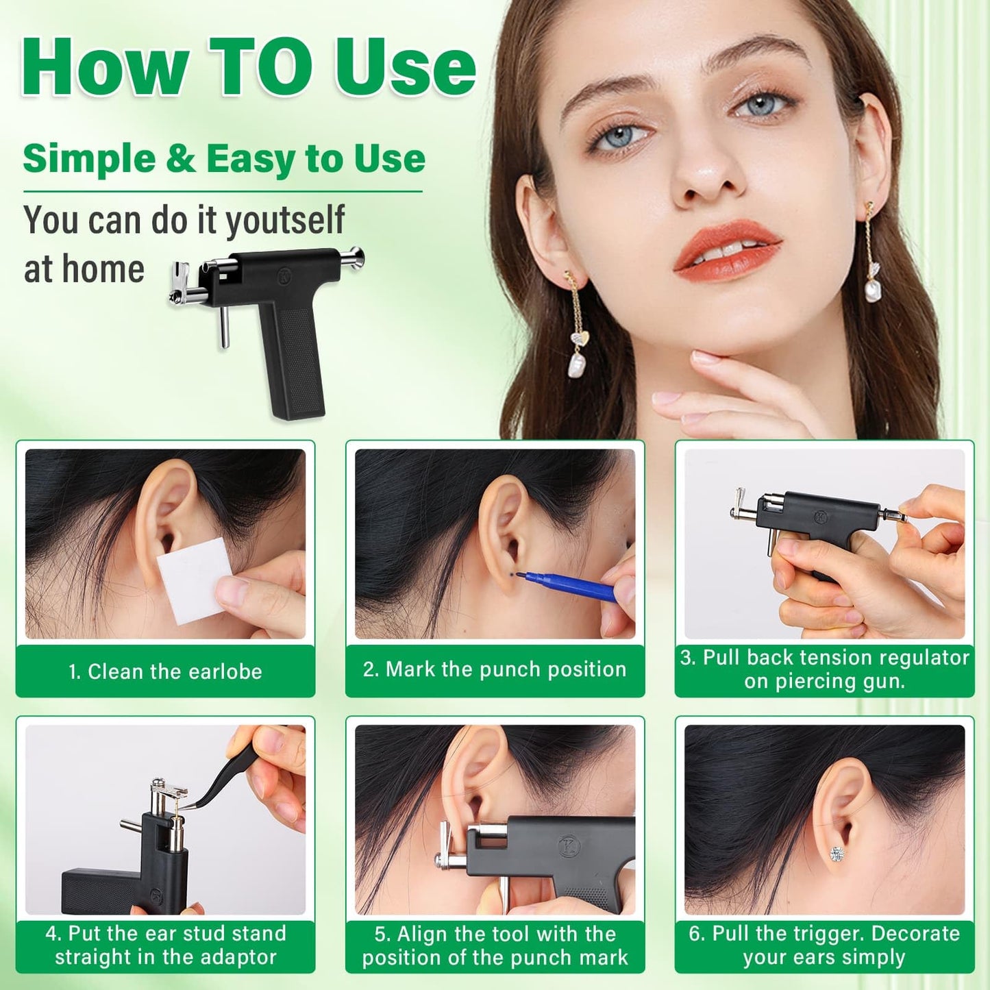 Reusable Ear Piercing Gun Kit, Professional Ear Piercing Machine with Stainless Steel Piercing Earrings Studs, Crystal Earrings for At Home Salon Earlobe Cartilage Helix Tragus Piercing Tool Set