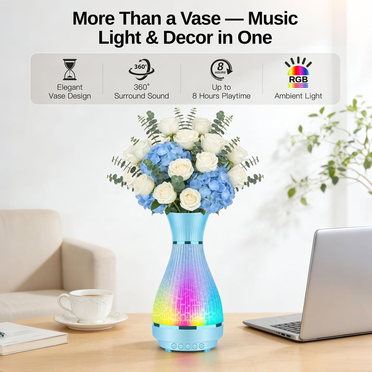 3-in-1 Vase Bluetooth Speaker With Ambient Light & White Noise, 8H Playtime, Water-Safe Flower Vase for Bedroom, Living Room Decor, Mother's Day,Birthday Gift for Women, Mom, Wife or Girlfriend