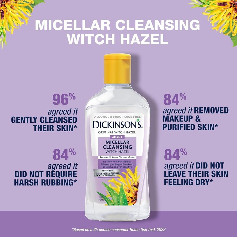 Dickinson's Micellar Cleansing Witch Hazel - All-in-One Makeup Remover & Pore Refiner | Alcohol-Free, 16oz