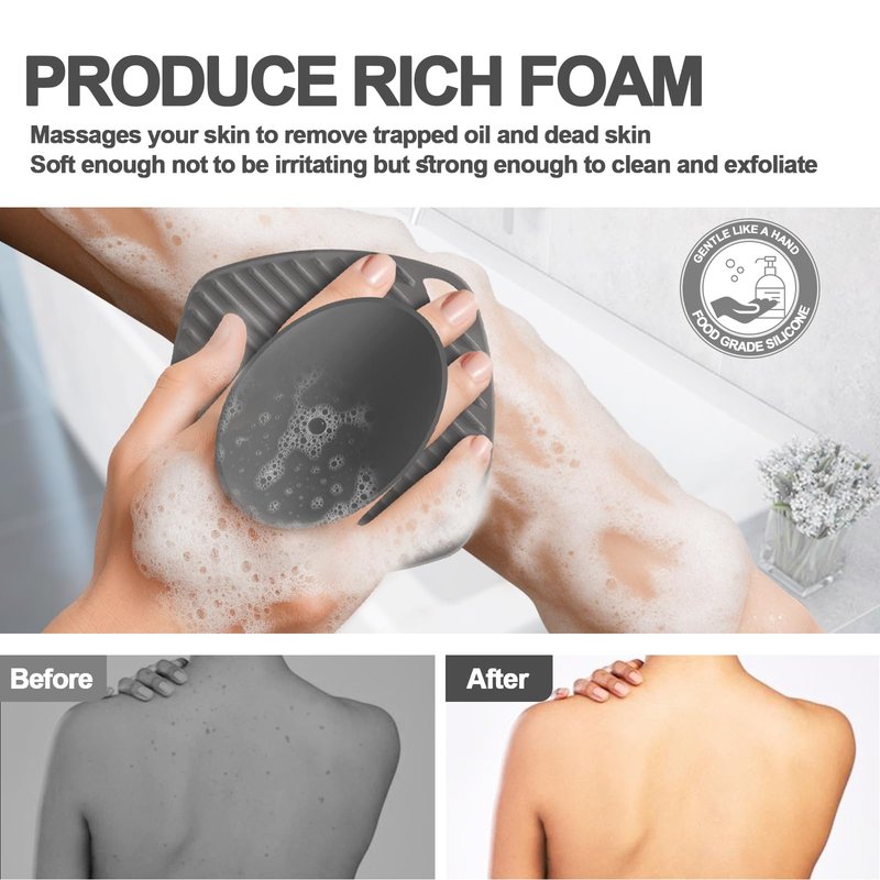 ARIOSOX Silicone Body Scrubber, Bath Brush,Gentle Texture Exfoliating Body Scrubber for Men and Women On Sensitive Skin, Soft Scrubber Builds Up Lather, Deep Skin Clean (Gray)