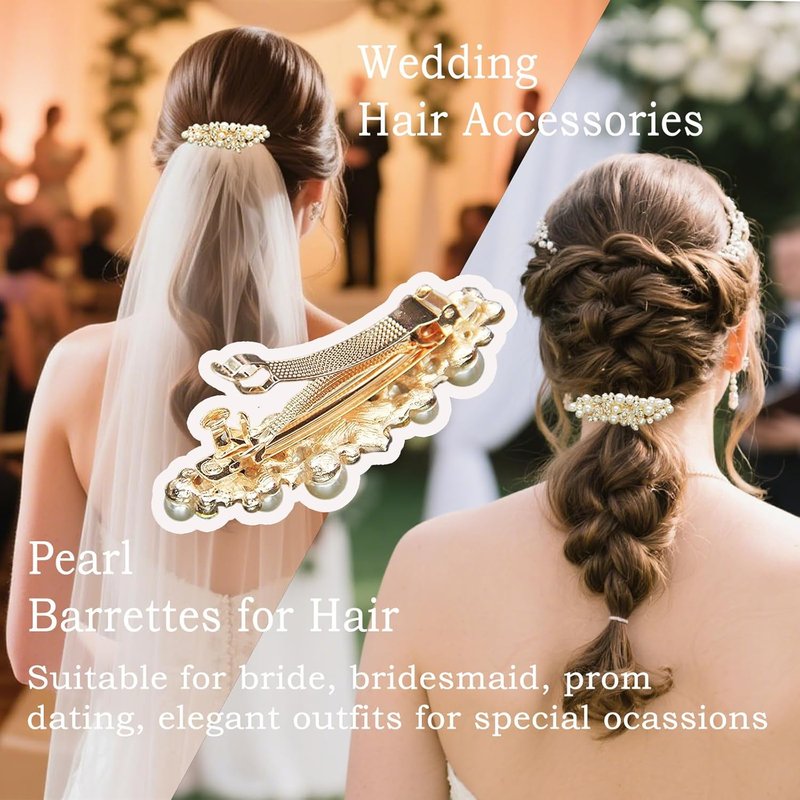Gold Pearl Hair Clips - French Rhinestone Barrettes for Women | Decorative Clips for Weddings & Everyday Wear