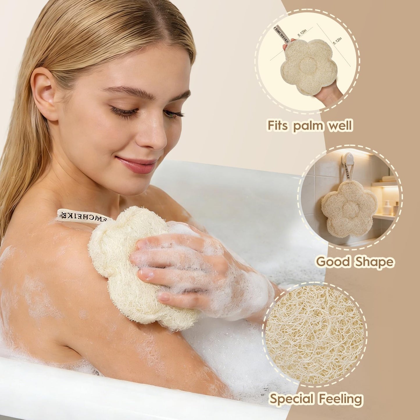 EMCHEIKE Natural Loofah Exfoliating Body Scrubber with Adhesive Hook Natural Egyptian Shower Loofah Sponge Thin and Soft Travel Loofah Sponge for Women & Men (3 Packs)