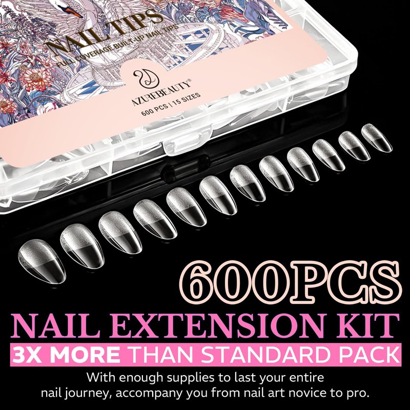 Short Almond Nail Tips, 600pcs Soft Gel Nail Tips Pre Etched Acrylic Fake Nails, Half Matte Full Cover Clear Press On False Nail Extensions for DIY Manicure at Home Nail Art 15 Sizes