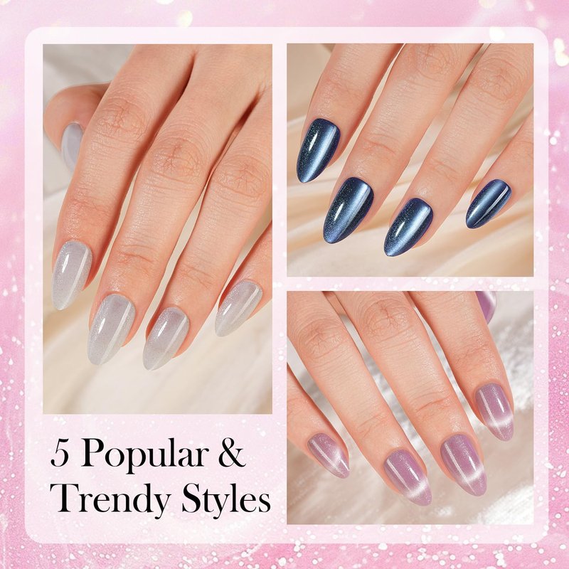 Cat Eye Press-On Nails - 300 Pcs Glossy Glitter Medium Almond Soft Gel Nail Tips | Reusable in 15 Sizes